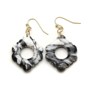 Black + White Marble Open Flower Dangle Earrings