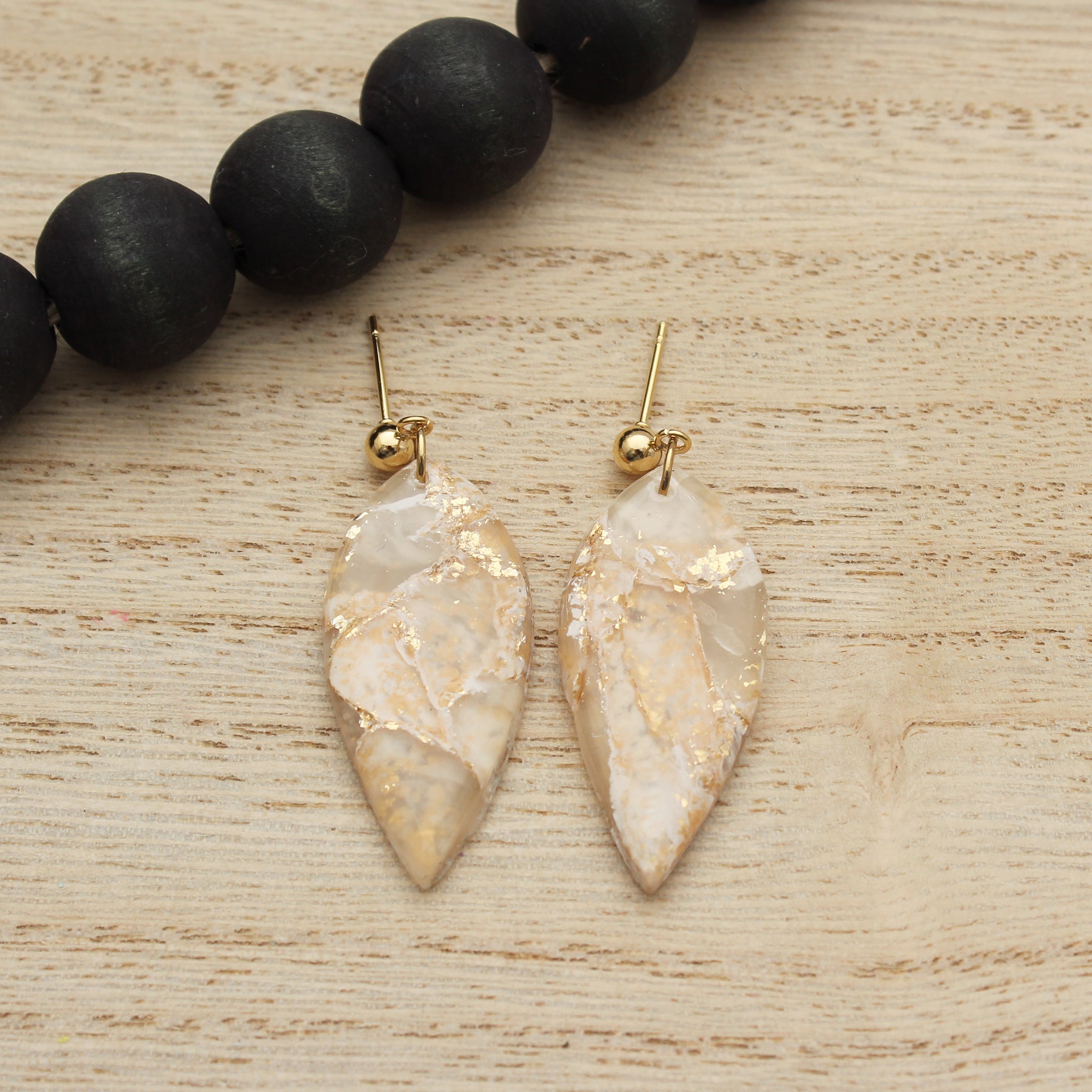 White and Gold Translucent Petal Dangle Earrings