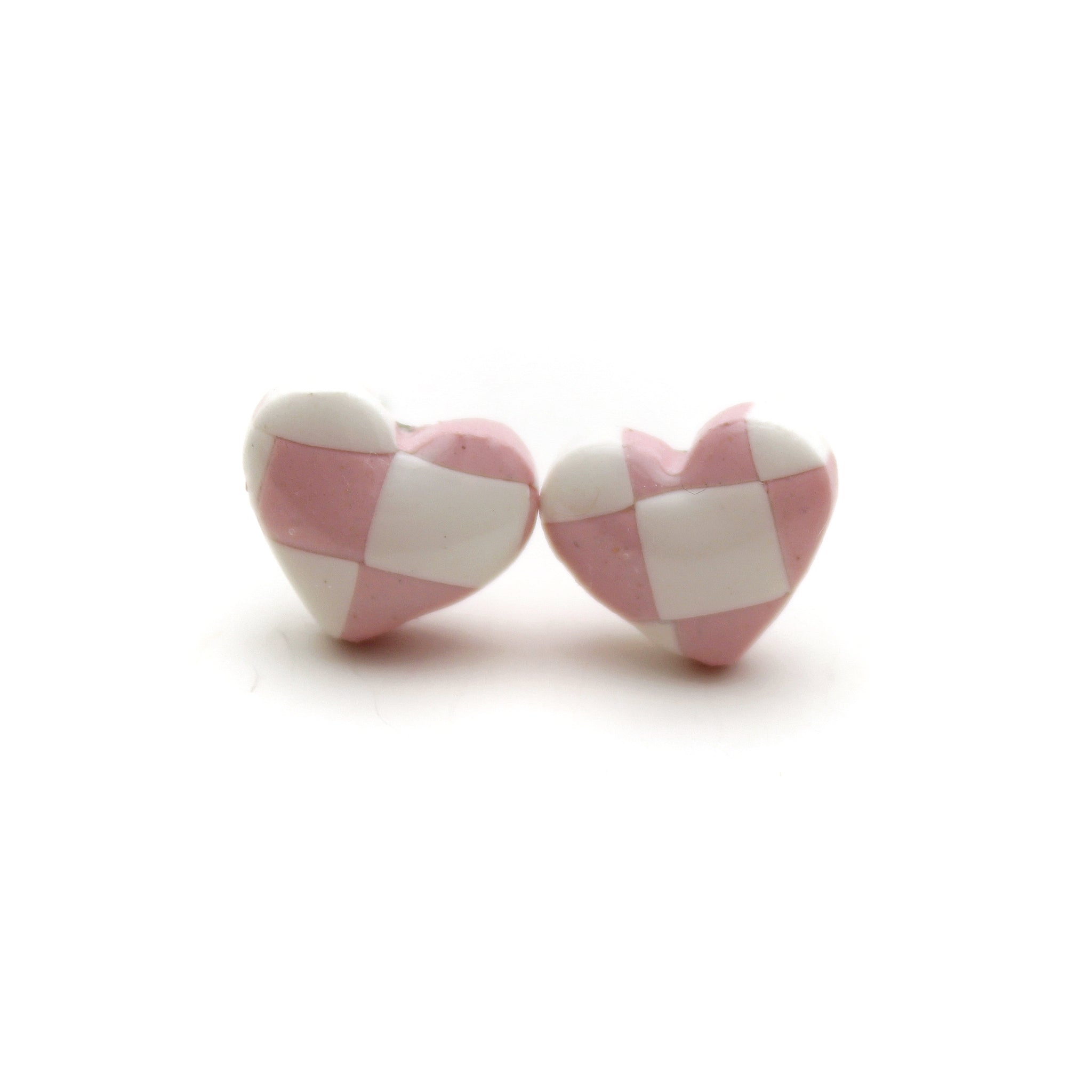 Pink and White Checkerboard Heart Stud Earrings