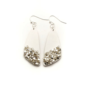 White and Silver Shine Triangle Statement Polymer Clay Earrings