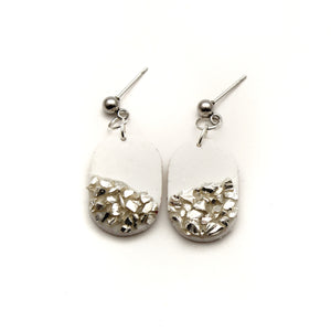 White and Silver Shine Oblong Dangle Polymer Clay Earrings
