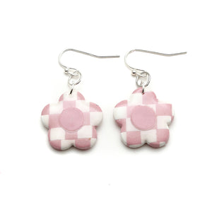 Pink and White Checkerboard Daisy Earrings