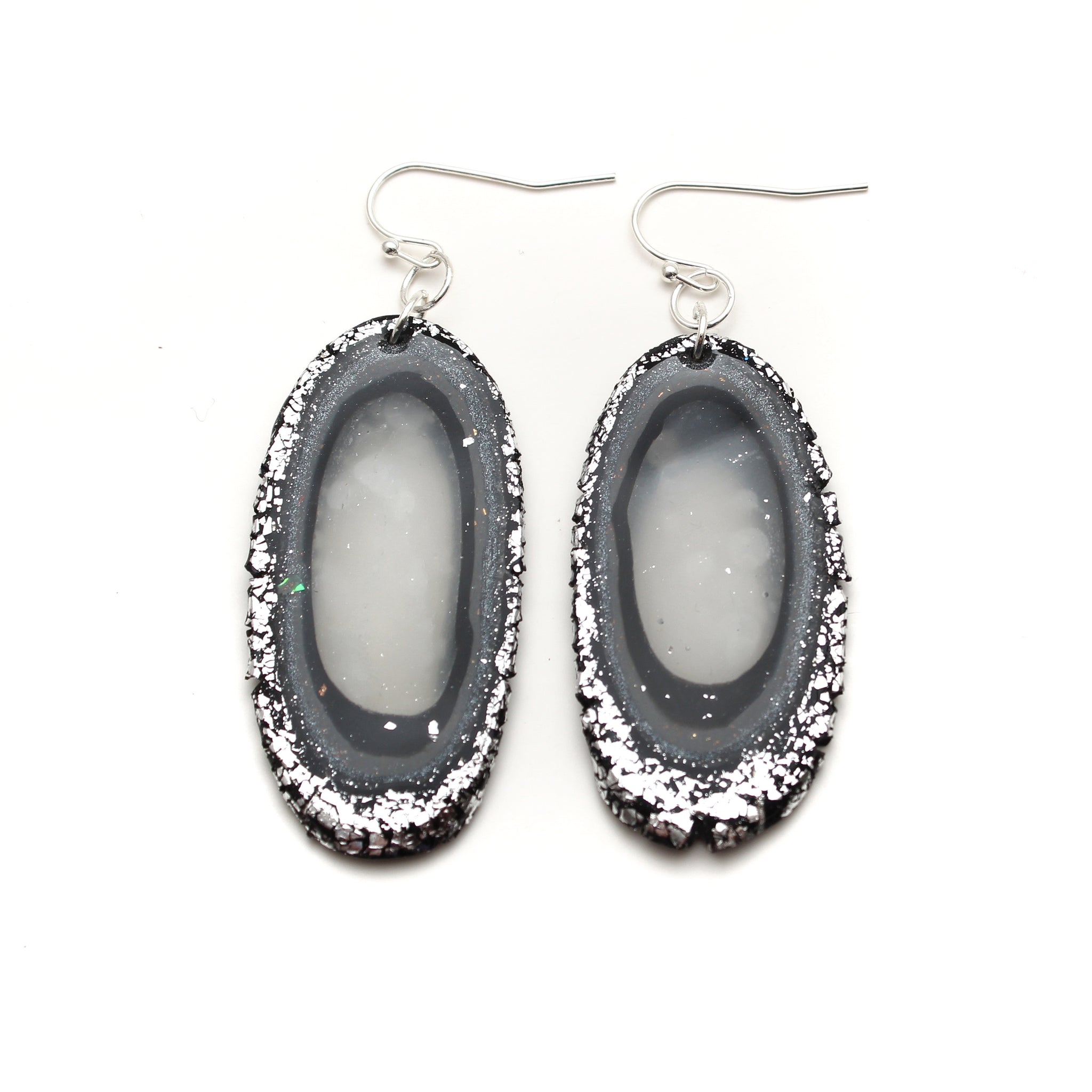 Black and Silver Agate Slice Polymer Clay Earrings