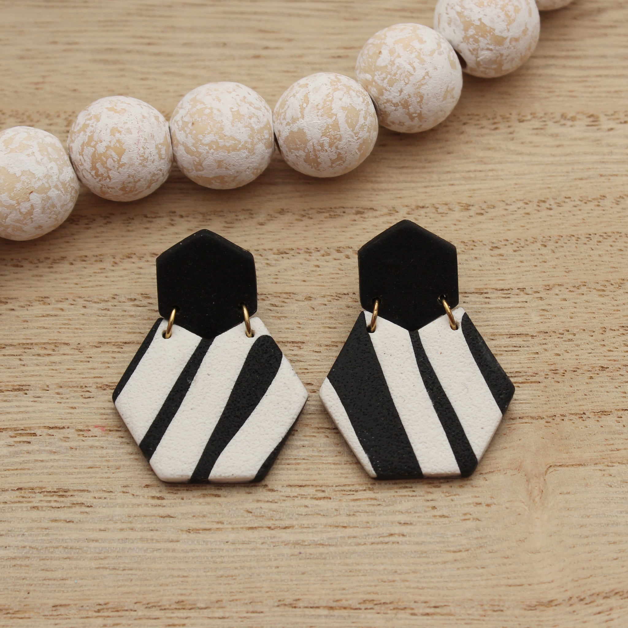 Black with White Squiggles Hexagon Dangle Earrings